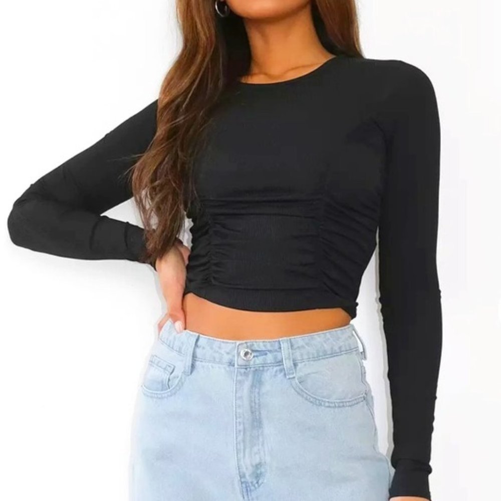 🌼 MISSGUIDED Fine Rib Ruched Long Sleeve Crop, Black 0 NWOT